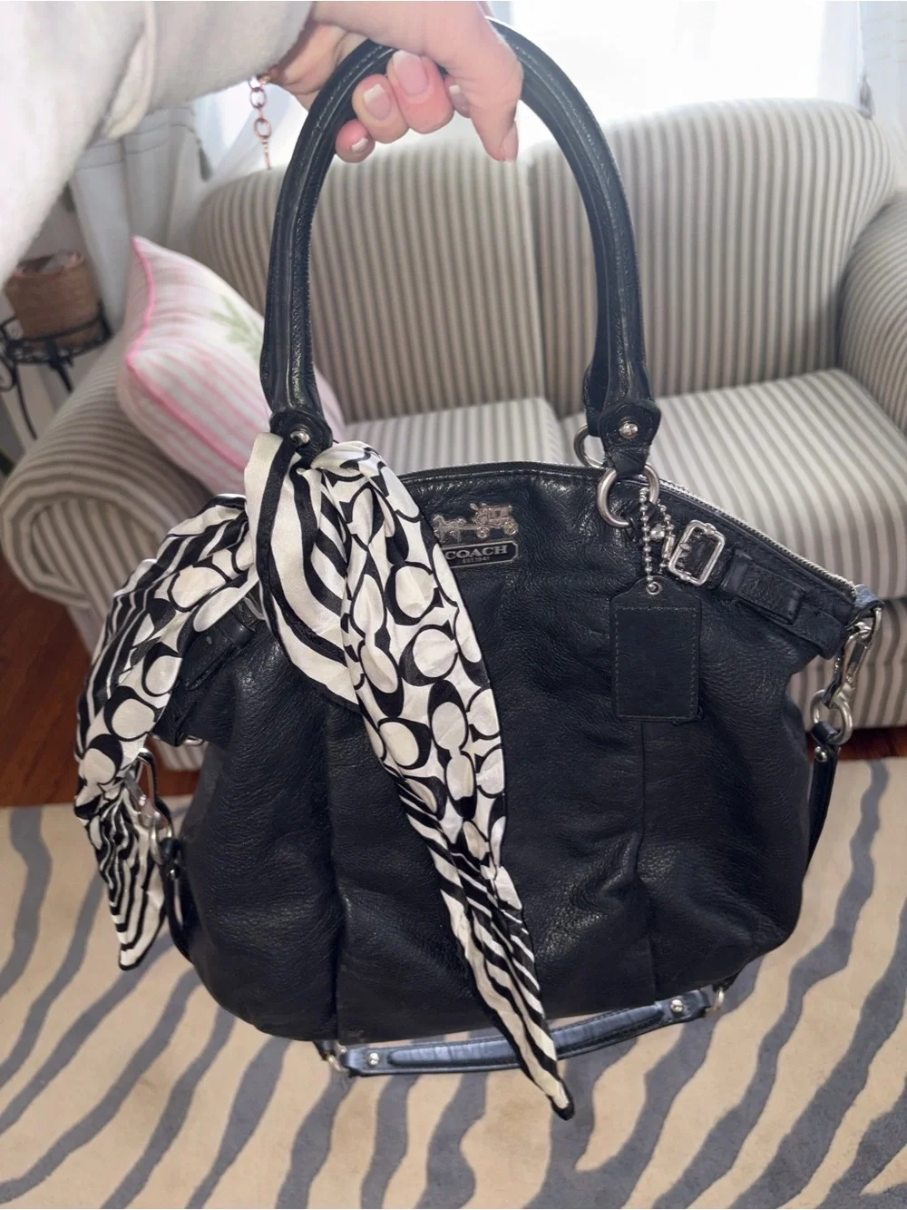 Coach Black Pebbled Leather Shoulder Bag with Black & White Scarf